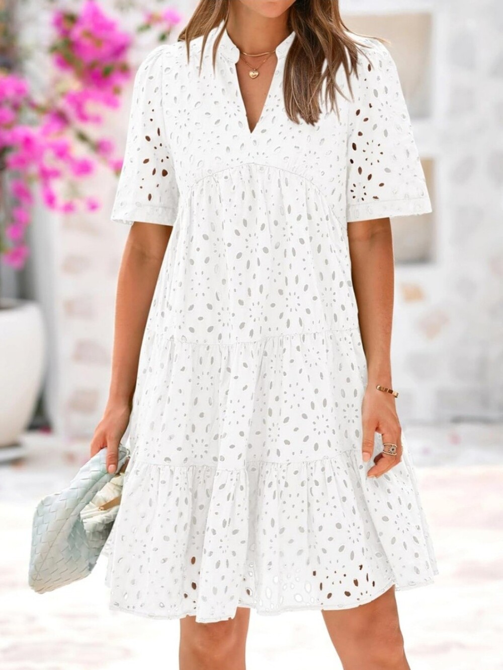 White Boho Embroidered Lace Eyelet Tiered Summer Mini Dress- Full & Plus Sizes - Picture 3 of 9